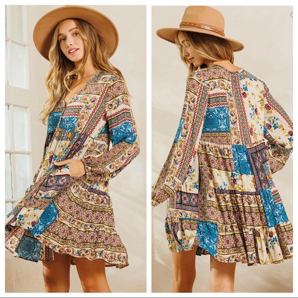 43 Boho Gypsy Chic Floral Tired Button Up Dress - Picture 4 of 4